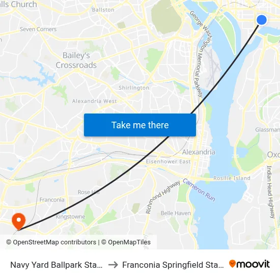Navy Yard Ballpark Station to Franconia Springfield Station map