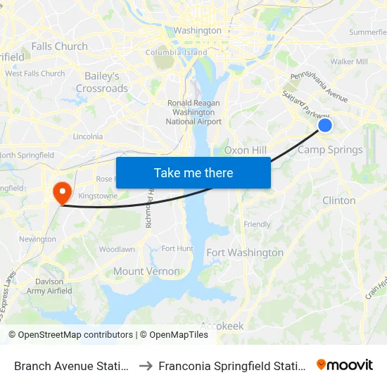 Branch Avenue Station to Franconia Springfield Station map
