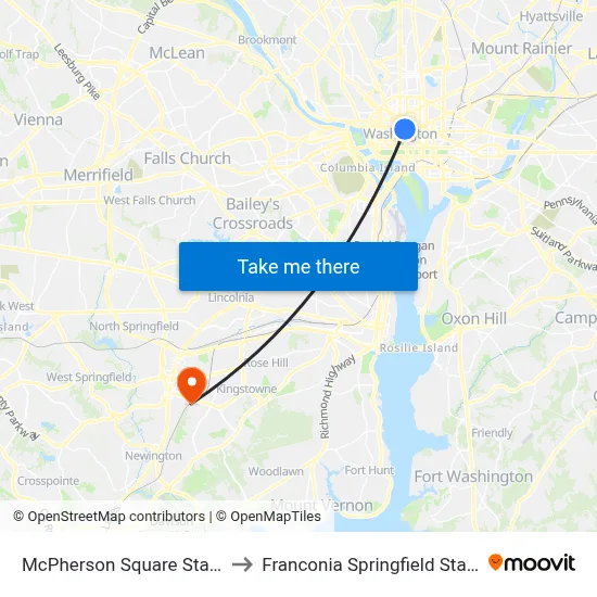 McPherson Square Station to Franconia Springfield Station map