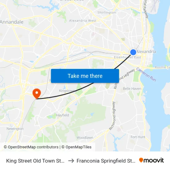 King Street Old Town Station to Franconia Springfield Station map