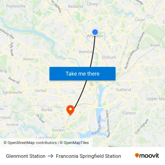 Glenmont Station to Franconia Springfield Station map