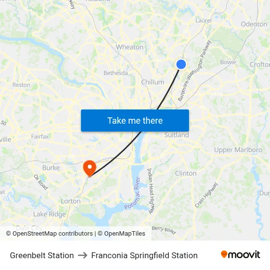 Greenbelt Station to Franconia Springfield Station map