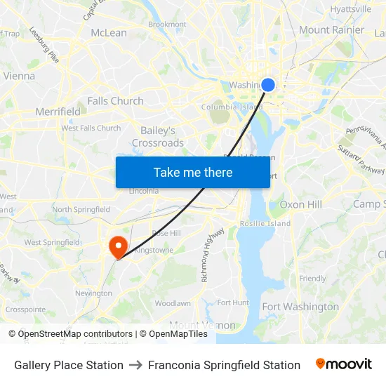 Gallery Place Station to Franconia Springfield Station map