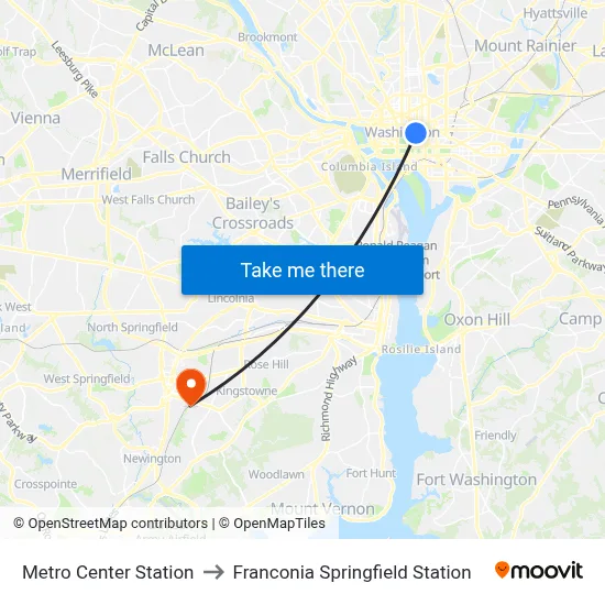 Metro Center Station to Franconia Springfield Station map
