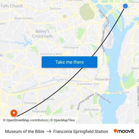 Museum of the Bible to Franconia Springfield Station map