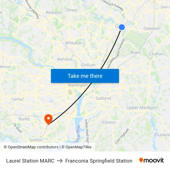 Laurel Station MARC to Franconia Springfield Station map