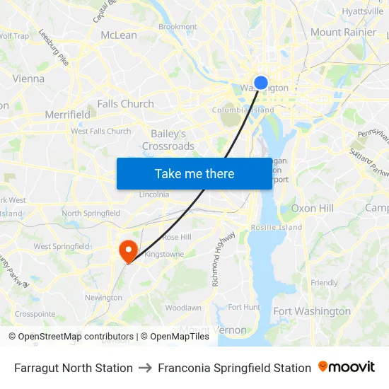 Farragut North Station to Franconia Springfield Station map
