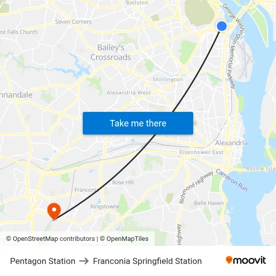 Pentagon Station to Franconia Springfield Station map