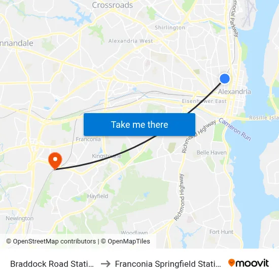 Braddock Road Station to Franconia Springfield Station map