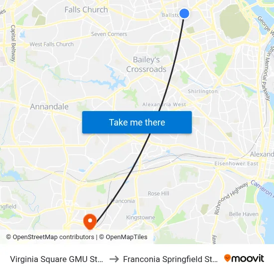 Virginia Square GMU Station to Franconia Springfield Station map