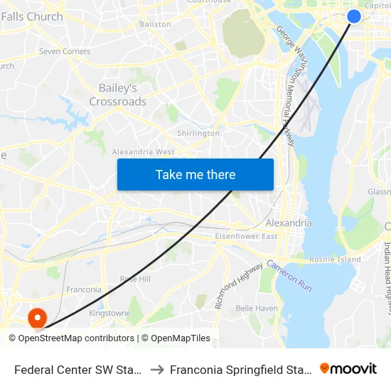 Federal Center SW Station to Franconia Springfield Station map