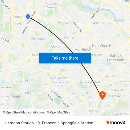 Herndon Station to Franconia Springfield Station map