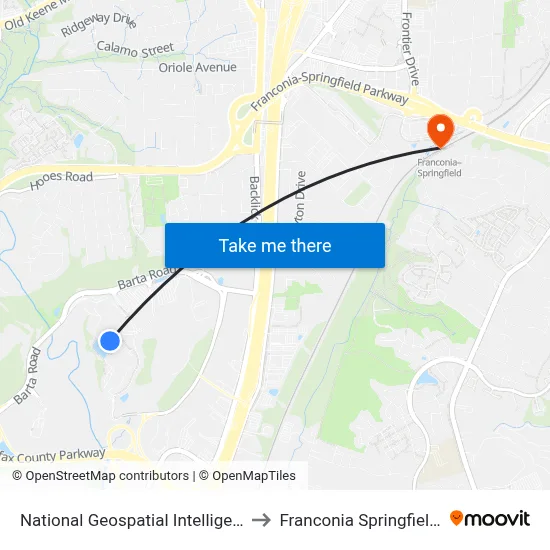 National Geospatial Intelligence Agency to Franconia Springfield Station map