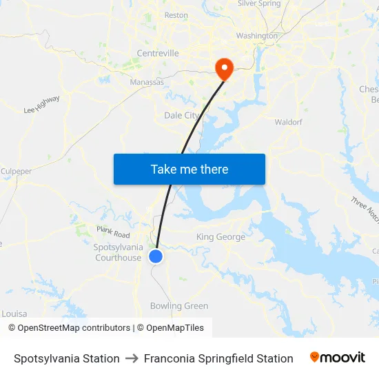 Spotsylvania Station to Franconia Springfield Station map