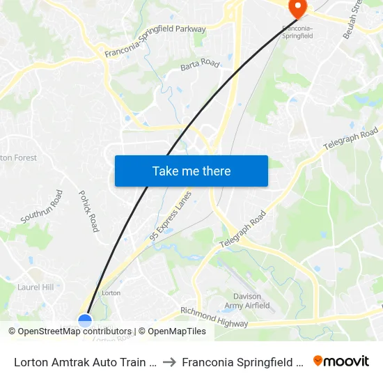 Lorton Amtrak Auto Train Station to Franconia Springfield Station map