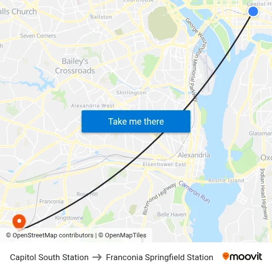 Capitol South Station to Franconia Springfield Station map