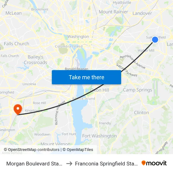 Morgan Boulevard Station to Franconia Springfield Station map