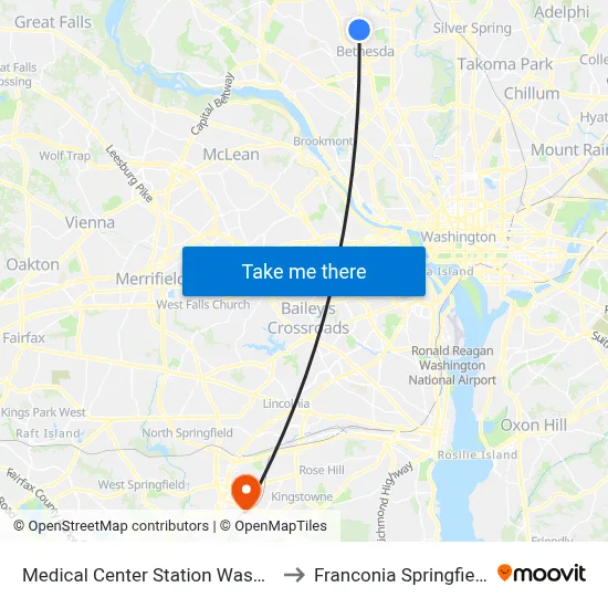 Medical Center Station Washington Metro to Franconia Springfield Station map