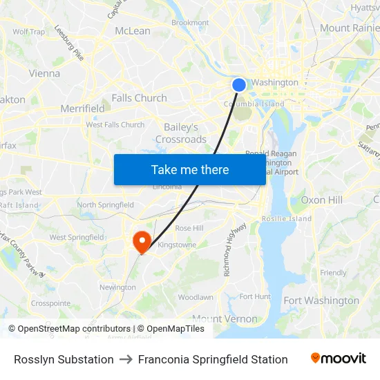 Rosslyn Substation to Franconia Springfield Station map