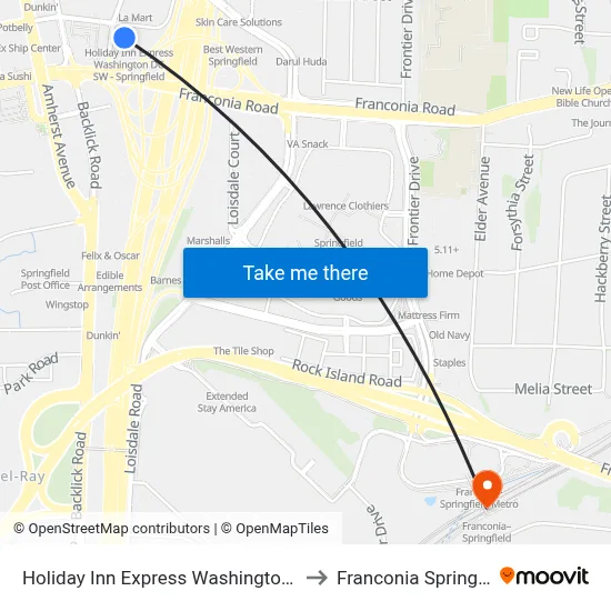 Holiday Inn Express Washington Dc Sw - Springfield to Franconia Springfield Station map
