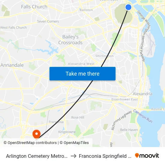 Arlington Cemetery Metro Station to Franconia Springfield Station map
