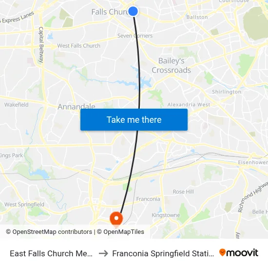 East Falls Church Metro to Franconia Springfield Station map