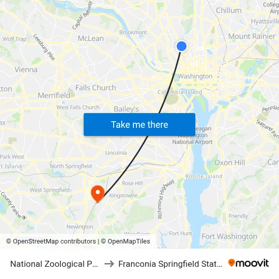 National Zoological Park, 3001 Connecticut Ave NW to Franconia Springfield Station map