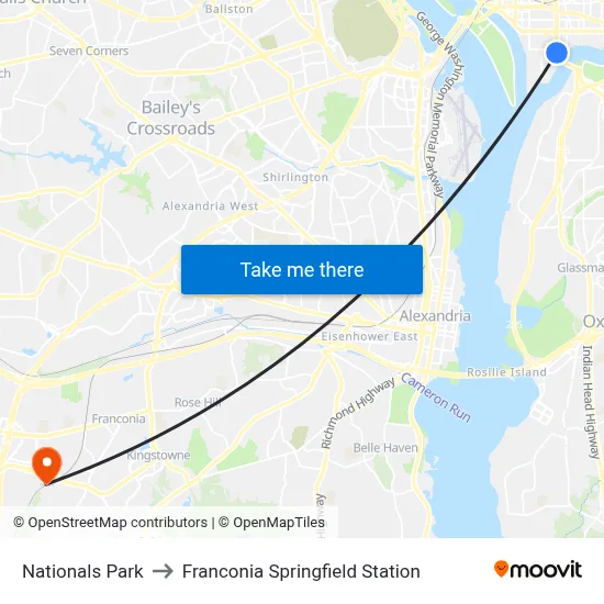 Nationals Park to Franconia Springfield Station map
