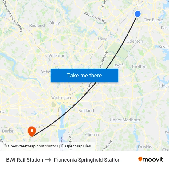 BWI Rail Station to Franconia Springfield Station map