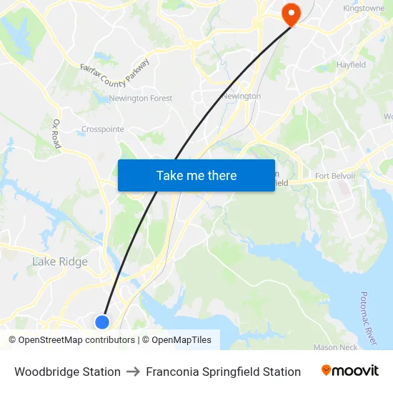 Woodbridge Station to Franconia Springfield Station map
