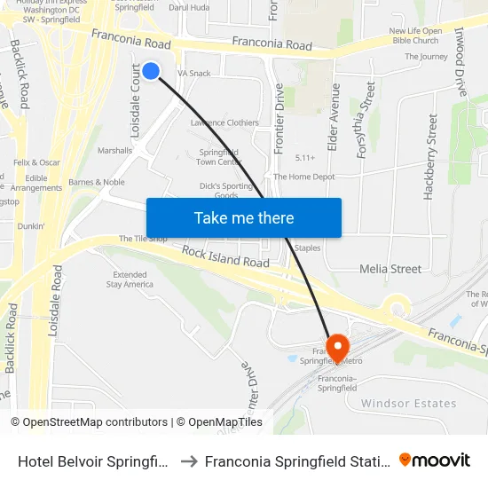 Hotel Belvoir Springfield to Franconia Springfield Station map