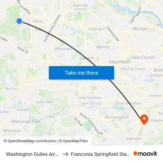 Washington Dulles Airport to Franconia Springfield Station map