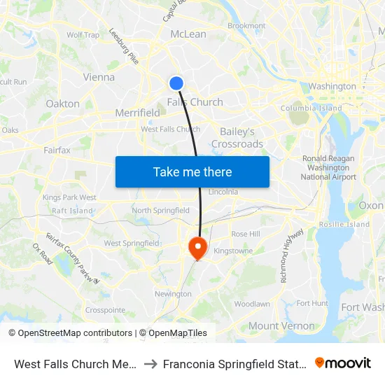 West Falls Church Metro to Franconia Springfield Station map