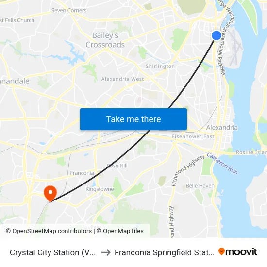 Crystal City Station (VRE) to Franconia Springfield Station map