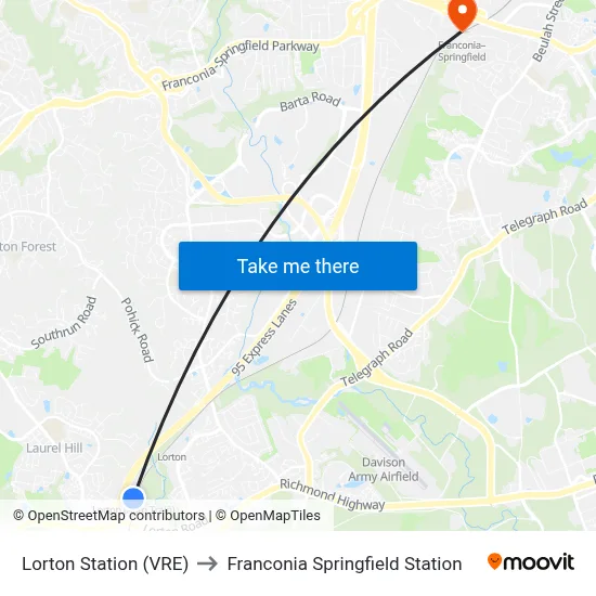 Lorton Station (VRE) to Franconia Springfield Station map