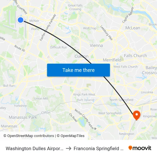 Washington Dulles Airport (IAD) to Franconia Springfield Station map