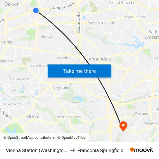 Vienna Station (Washington Metro) to Franconia Springfield Station map