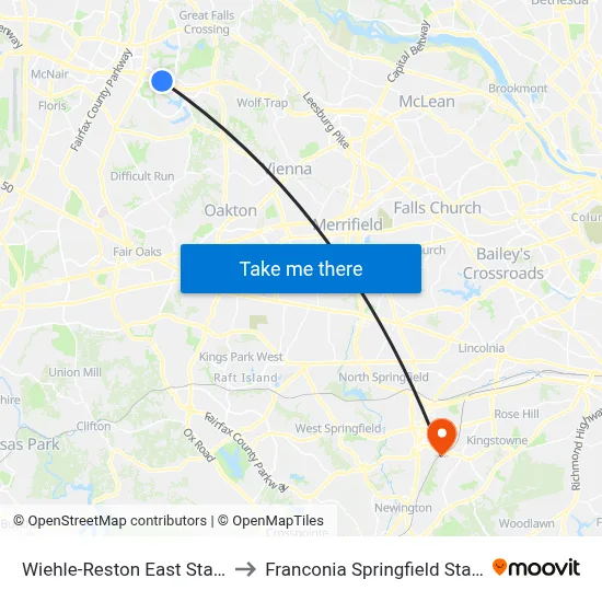 Wiehle-Reston East Station to Franconia Springfield Station map