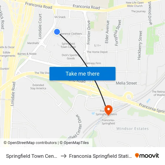 Springfield Town Center to Franconia Springfield Station map