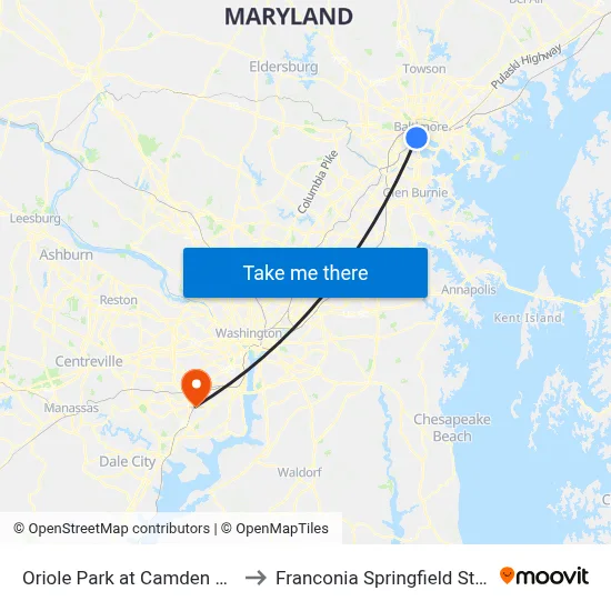 Camden Yards to Franconia Springfield Station map