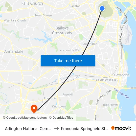 Arlington National Cemetery to Franconia Springfield Station map