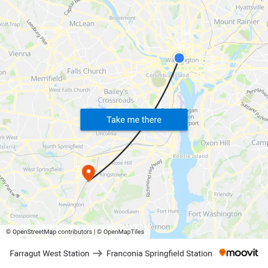 Farragut West Station to Franconia Springfield Station map
