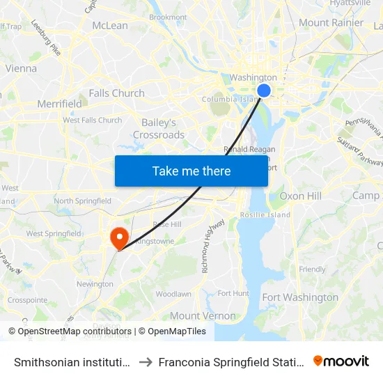 Smithsonian institution to Franconia Springfield Station map