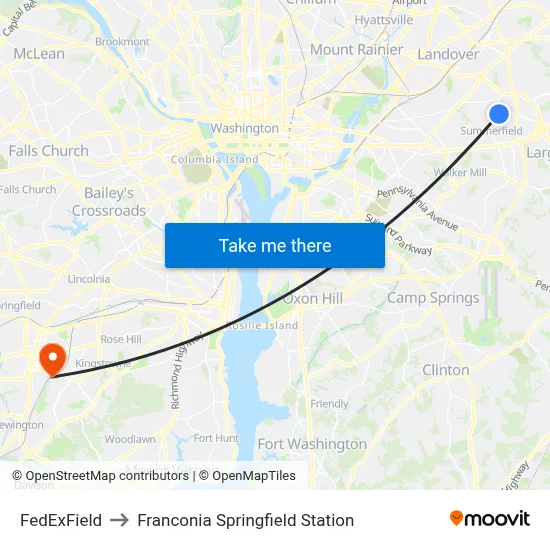 FedExField to Franconia Springfield Station map