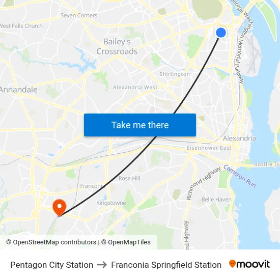 Pentagon City Station, Pentagon City Station, 1250 S Hayes St, Arlington, VA 22202, USA to Franconia Springfield Station map