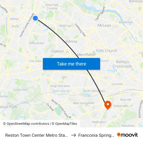 Reston Town Center Metro Station - North Bus Bay to Franconia Springfield Station map