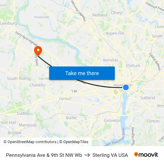 Pennsylvania Ave & 9th St NW Wb to Sterling VA USA map