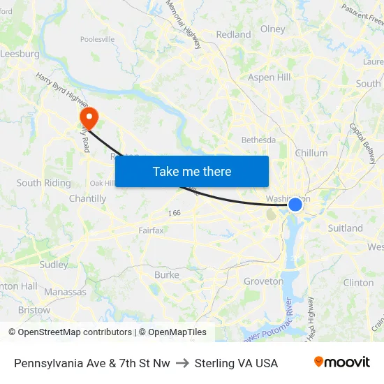 Pennsylvania Ave & 7th St Nw to Sterling VA USA map