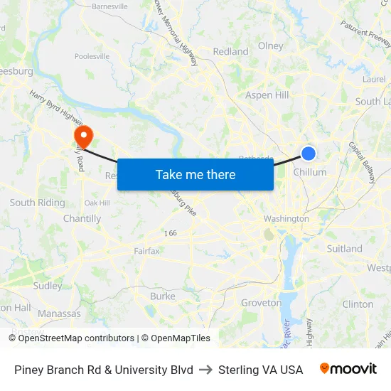 Piney Branch Rd & University Blvd to Sterling VA USA map