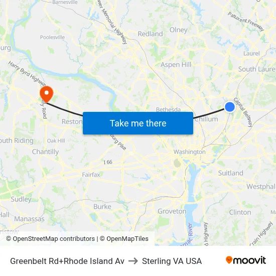Greenbelt Rd+Rhode Island Av to Sterling VA USA map